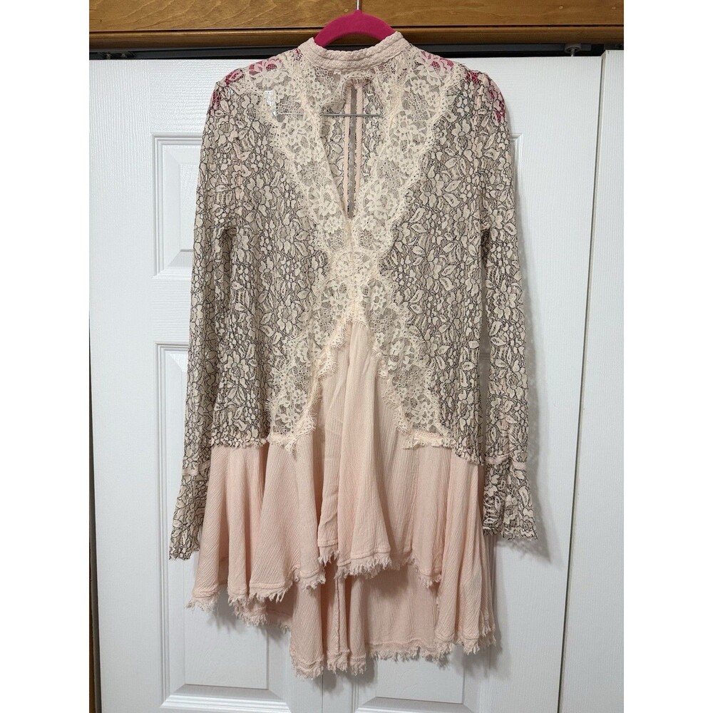 Free People Tell Tale Lace Keyhole Tunic Mini Dress Pink White Medium